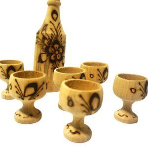 Vintage Boho Art Treasure: Handcrafted Wooden Pyrography Decanter Set - 6 Cups